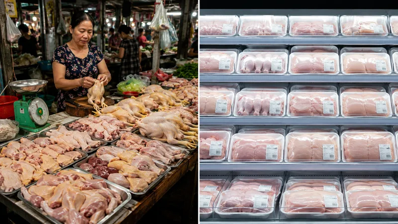 Giá gà tại chợ và siêu thị có thể chênh lệch vì khác nhau về nguồn gốc, sơ chế, đóng gói, bảo quản lạnh và chi phí phân phối.