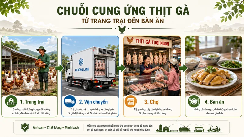 Giá gà thịt hôm nay chịu tác động từ giá thức ăn chăn nuôi, nguồn cung con giống, dịch bệnh, thời tiết, nhu cầu tiêu dùng và chi phí vận chuyển.