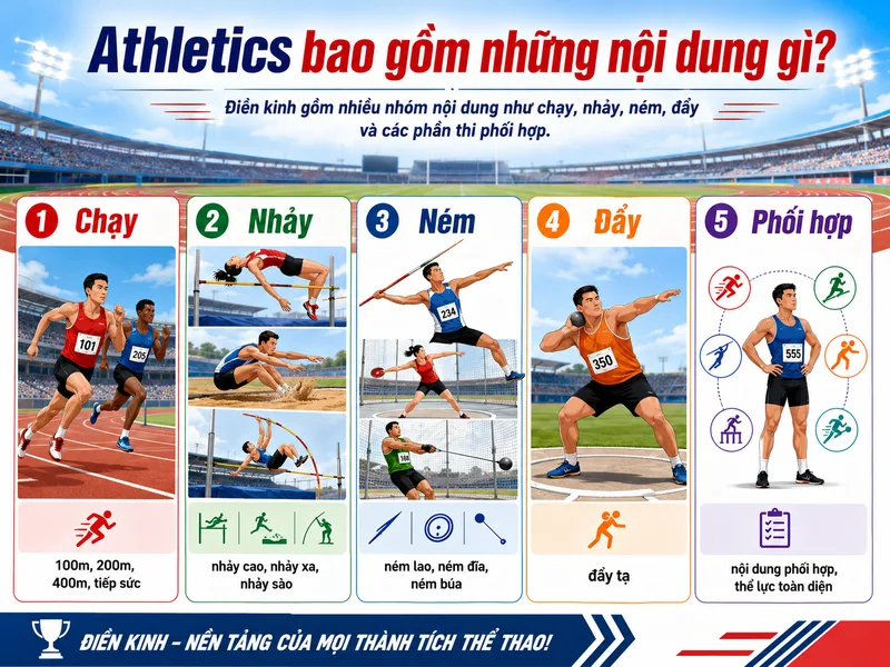 Athletics bao gồm nhiều nhóm nội dung như chạy, nhảy, ném, đẩy và các phần thi phối hợp.